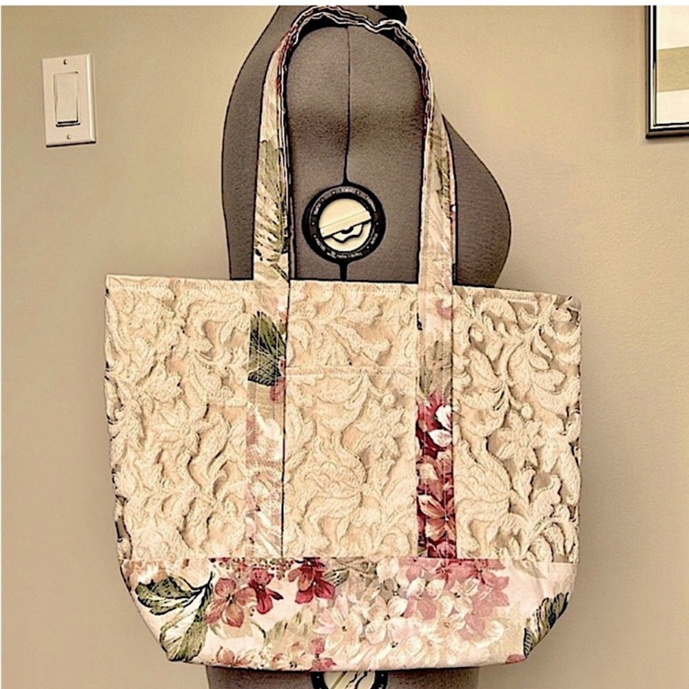 Handmade upcycled tote bag, pink & cream floral, lined, 4 pockets